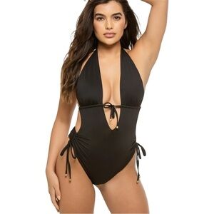 ✨NWT Vitamin a Brena Halter Plunge One Piece Swimsuit charcoal EcoLux XS